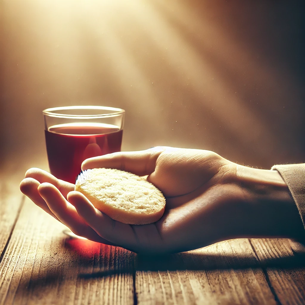 DALL·E-2024-12-23-16.37.36-A-close-up-of-a-single-hand-holding-both-a-small-piece-of-bread-and-a-simple-glass-of-grape-juice-together-symbolizing-the-Lords-Supper.-The-backgro SANTA CEIA E CONSAGRAÇÃO PARA O ANO DE 2025: ENCERRANDO O ANO AOS PÉS DO SENHOR